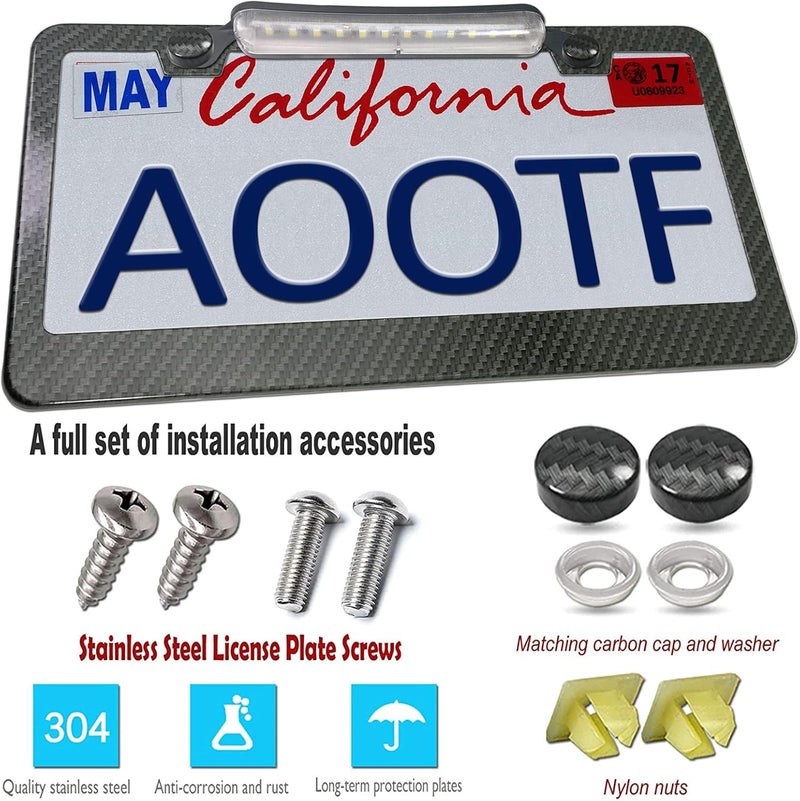 AOOTF License Plate Frame with Light Bar Assembly- License Plate Light Lamp Bulbs & Aluminium Carbon Fiber Car Tag Holder Mount Kit for Truck SUV Trailer, 12V Waterproof White, Screws Caps - Image 4